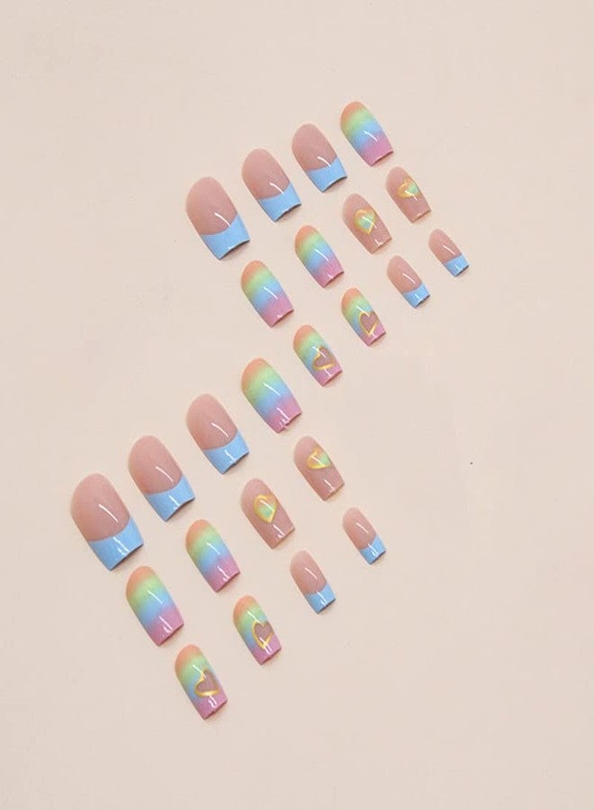 Gangel Heart French Tip Press on Nails Colorful Glossy Square Fake Nails with Nail Glue Medium Acrylic False Nails for Women and Girls(24 pcs) - Image 5