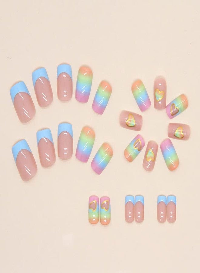 Gangel Heart French Tip Press on Nails Colorful Glossy Square Fake Nails with Nail Glue Medium Acrylic False Nails for Women and Girls(24 pcs) - Image 4