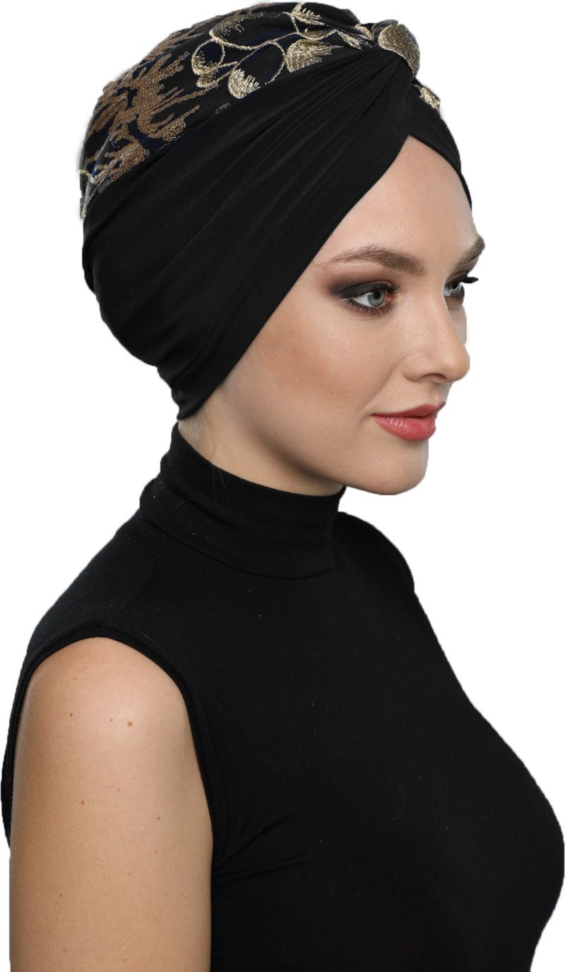 Fidan Bone Special Design Black Beige Embroidered Oval Patterned Lined Ready Turban Hijab Evening Dress Bonnet - Image 5
