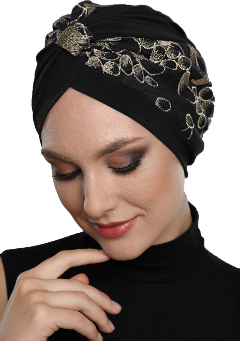 Fidan Bone Special Design Black Beige Embroidered Oval Patterned Lined Ready Turban Hijab Evening Dress Bonnet - Image 1