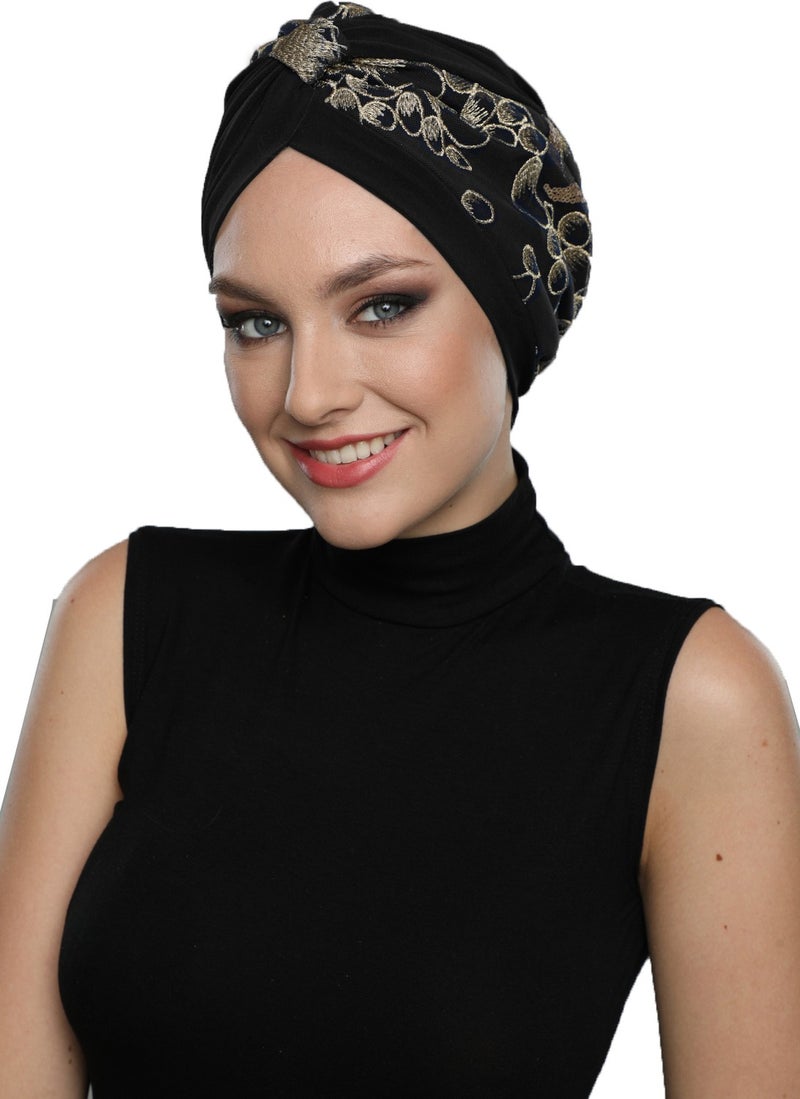 Fidan Bone Special Design Black Beige Embroidered Oval Patterned Lined Ready Turban Hijab Evening Dress Bonnet - Image 4