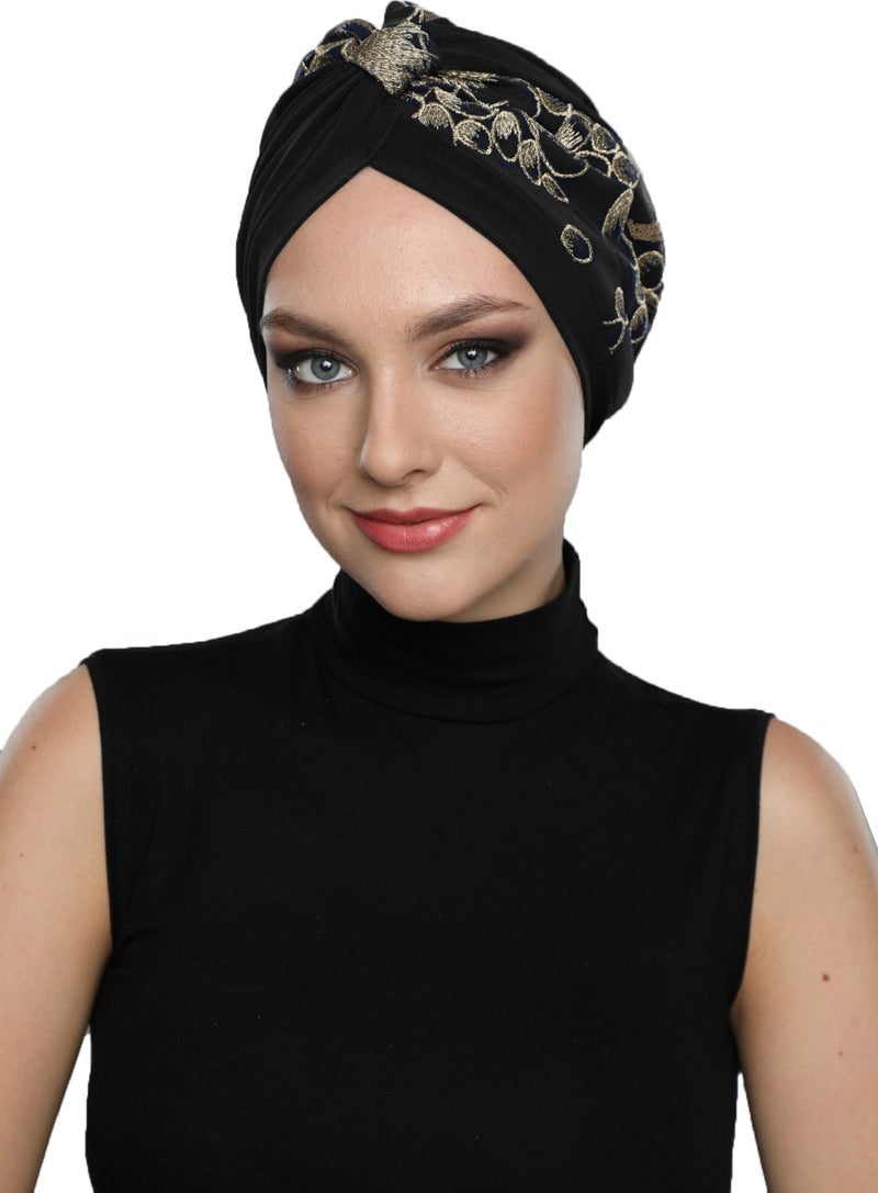 Fidan Bone Special Design Black Beige Embroidered Oval Patterned Lined Ready Turban Hijab Evening Dress Bonnet - Image 2