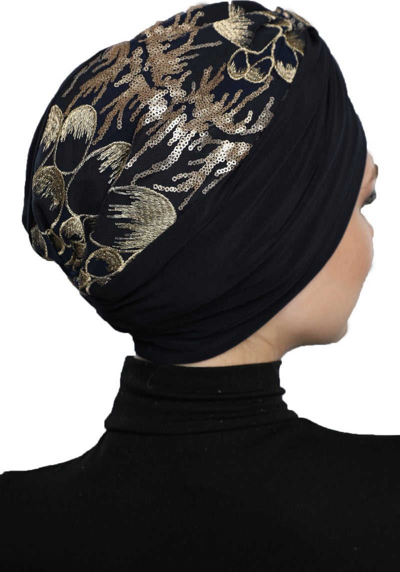 Fidan Bone Special Design Black Beige Embroidered Oval Patterned Lined Ready Turban Hijab Evening Dress Bonnet - Image 3