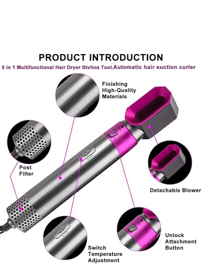 5 in 1 Hair Dryer, Hair Straightener Comb Curling Brush with 5 Interchangeable Barrels, Negative Ion Salon Styler Tools for Curling Drying Straightening Rotating Anti-scald (Fuchsia) - Image 2