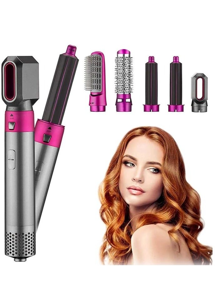 5 in 1 Hair Dryer, Hair Straightener Comb Curling Brush with 5 Interchangeable Barrels, Negative Ion Salon Styler Tools for Curling Drying Straightening Rotating Anti-scald (Fuchsia) - Image 1