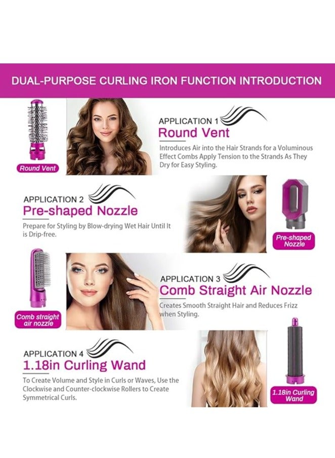 5 in 1 Hair Dryer, Hair Straightener Comb Curling Brush with 5 Interchangeable Barrels, Negative Ion Salon Styler Tools for Curling Drying Straightening Rotating Anti-scald (Fuchsia) - Image 4