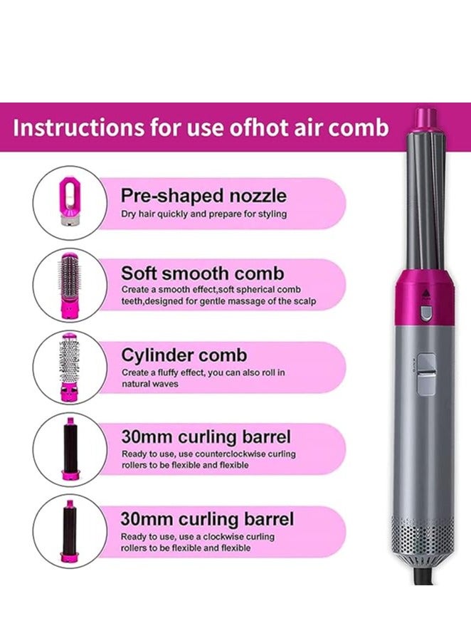 5 in 1 Hair Dryer, Hair Straightener Comb Curling Brush with 5 Interchangeable Barrels, Negative Ion Salon Styler Tools for Curling Drying Straightening Rotating Anti-scald (Fuchsia) - Image 3