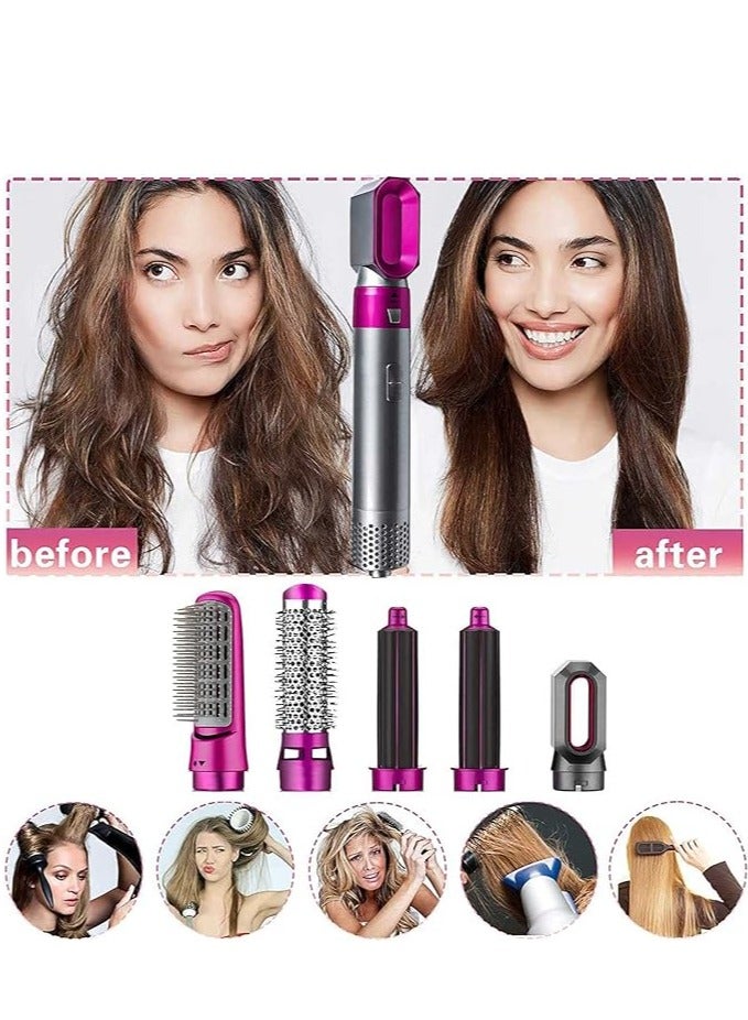 5 in 1 Hair Dryer, Hair Straightener Comb Curling Brush with 5 Interchangeable Barrels, Negative Ion Salon Styler Tools for Curling Drying Straightening Rotating Anti-scald (Fuchsia) - Image 5