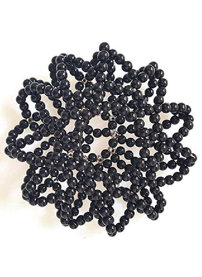 Teensery Elastic Hair Bun Cover Handmade Crochet Pearl Rhinestone Hair Snood Hair Net Hair Accessories For Women And Girls Ballet Dance Skating (Black)  - Image 3