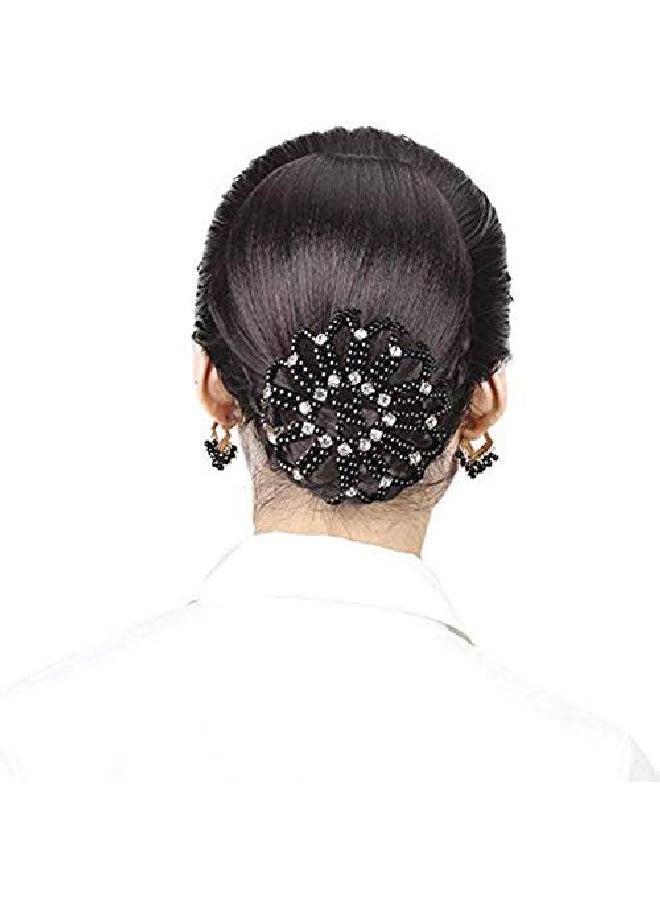 Teensery Elastic Hair Bun Cover Handmade Crochet Pearl Rhinestone Hair Snood Hair Net Hair Accessories For Women And Girls Ballet Dance Skating (Black)  - Image 4