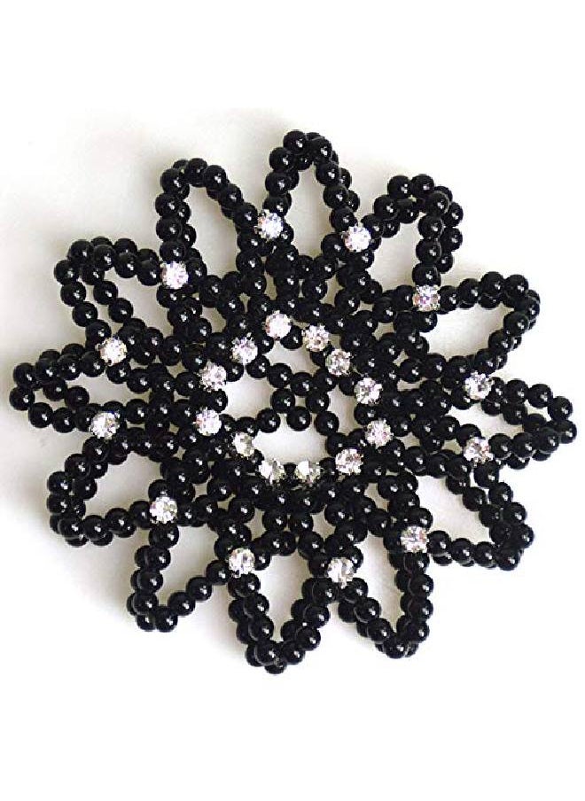 Teensery Elastic Hair Bun Cover Handmade Crochet Pearl Rhinestone Hair Snood Hair Net Hair Accessories For Women And Girls Ballet Dance Skating (Black)  - Image 1