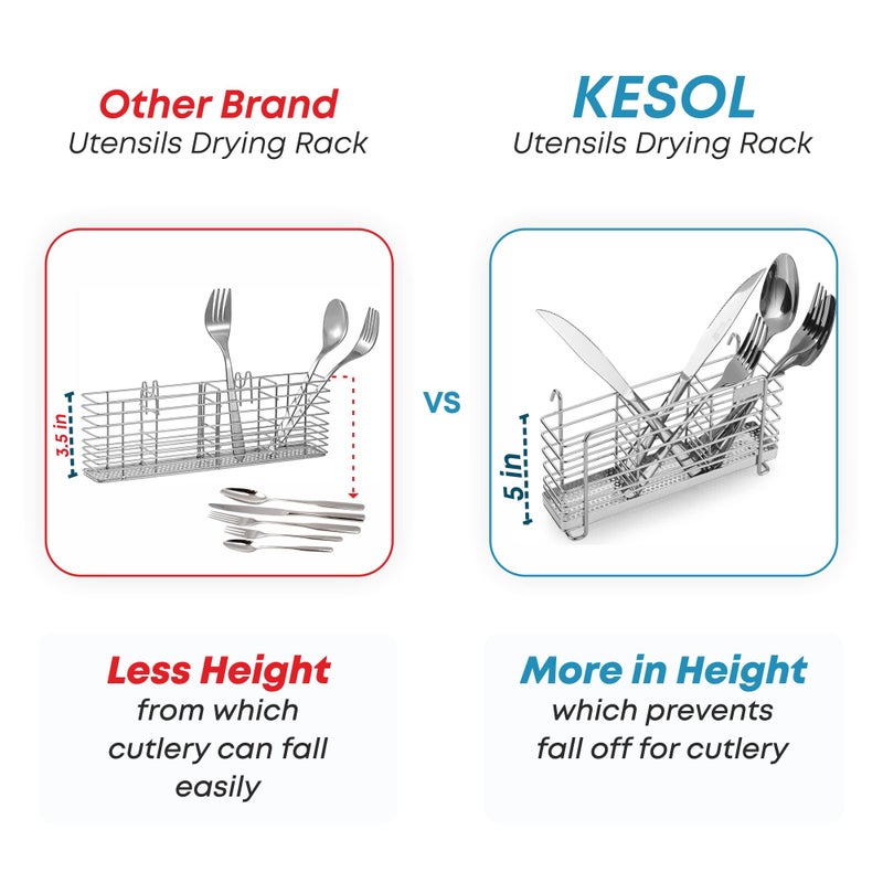 KESOL Sturdy 304 Stainless Steel Utensil Drying Rack Basket Holder with Hooks 3 Divided Compartments  Rust Proof  No Drilling - Image 5