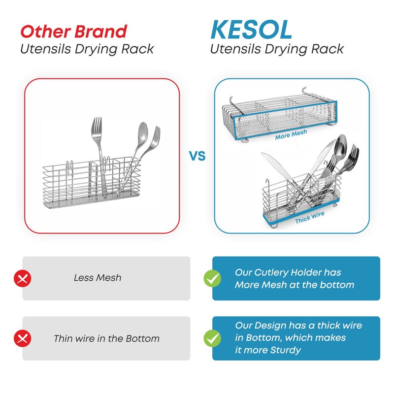 KESOL Sturdy 304 Stainless Steel Utensil Drying Rack Basket Holder with Hooks 3 Divided Compartments  Rust Proof  No Drilling - Image 4