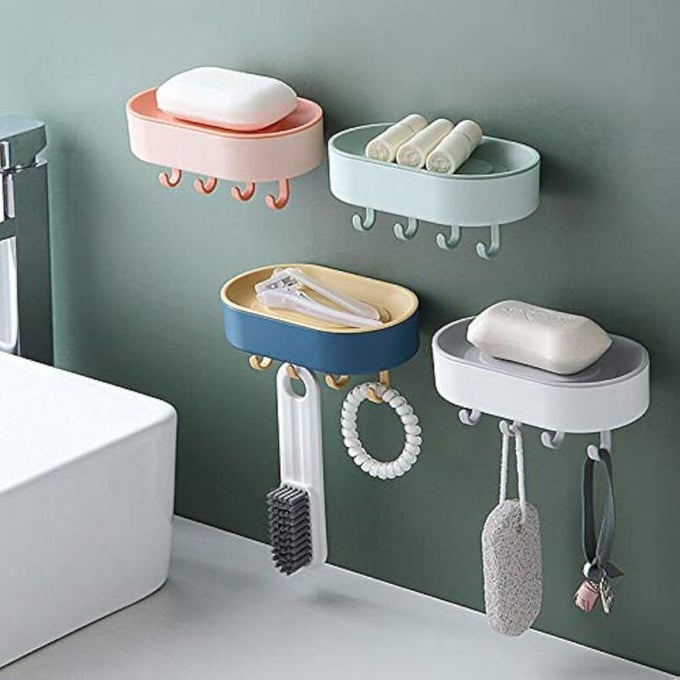 4 PCS ADHESIVE WALL MOUNTED SOAP DISH CASE HOLDER FOR BATHROOM KITCHEN SINK RANDOM COLOR RR1P