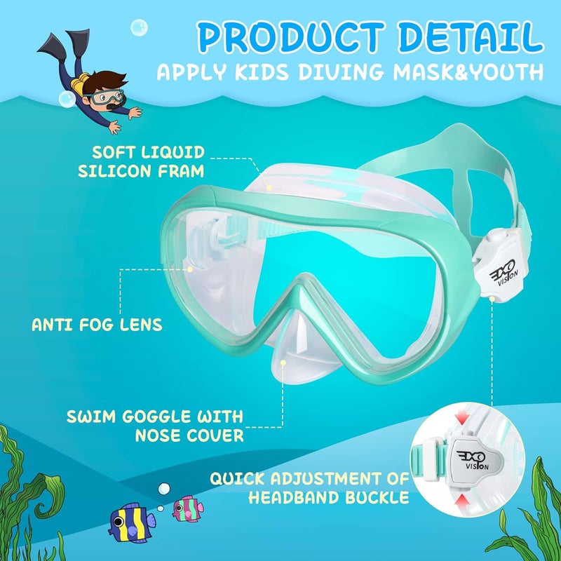 EXP VISION Kinder Taucherbrille, Kinder-Schwimmmaske 180 Anti-Fog-Tauchmaske, Kinder-Schwimmbrille mit Nasenabdeckung Auslaufsichere Schwimmbrille Anti-Shattered Lens fr Jugendliche 4-15 - Image 4