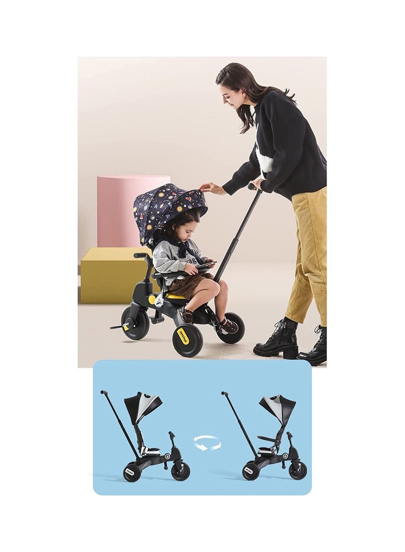 GT-Wheel Baby Foldable Tricycle 7 in 1, Trike for Toddlers Age 1.5-5, Tricycle with Push Handle for Kids, Boy Girl Outdoor Toy Bike, All Terrain Rubber Wheel, Reversible Seat with Canopy (Space Black)  - Image 2