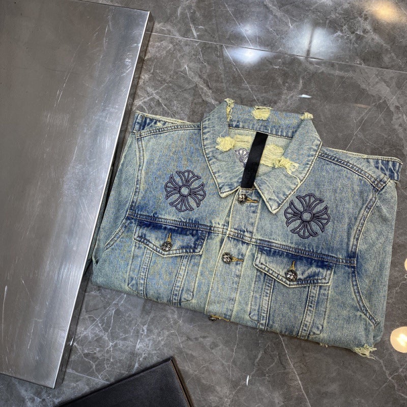 2023Ss Autumn New Chrome Hearts Classic Embroidered Ripped Denim Jacket For Couple Men And Women - Image 5