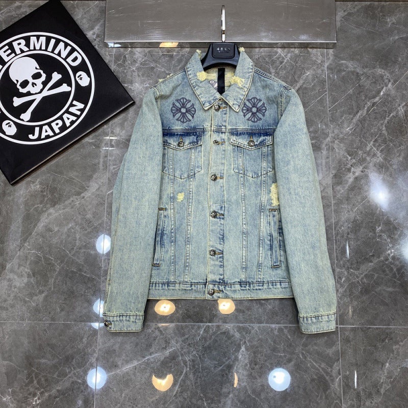 2023Ss Autumn New Chrome Hearts Classic Embroidered Ripped Denim Jacket For Couple Men And Women - Image 1