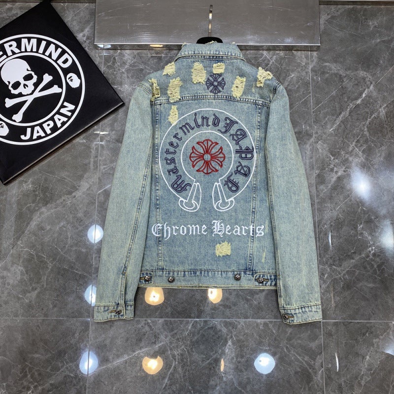 2023Ss Autumn New Chrome Hearts Classic Embroidered Ripped Denim Jacket For Couple Men And Women - Image 3