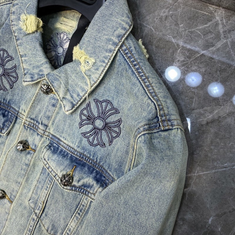 2023Ss Autumn New Chrome Hearts Classic Embroidered Ripped Denim Jacket For Couple Men And Women - Image 4