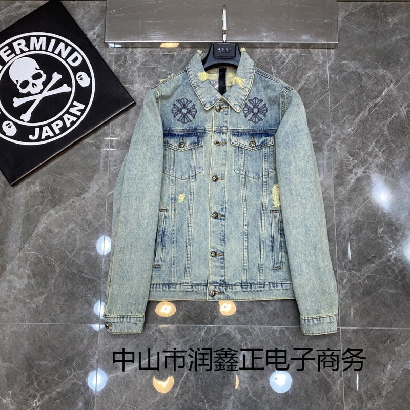 2023Ss Autumn New Chrome Hearts Classic Embroidered Ripped Denim Jacket For Couple Men And Women - Image 2