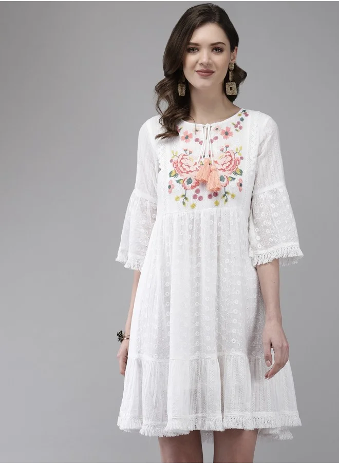 ISHIN White Floral Embroidered Tie-Up Neck A-Line Dress