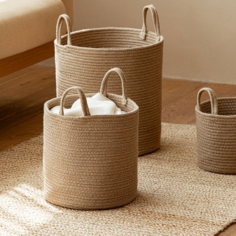 Jute Hand-Woven Cotton Basket Laundry Basket Dirty Clothes Storage Basket Laundry Basket Portable Clothes Toy Storage Bucket - Image 2