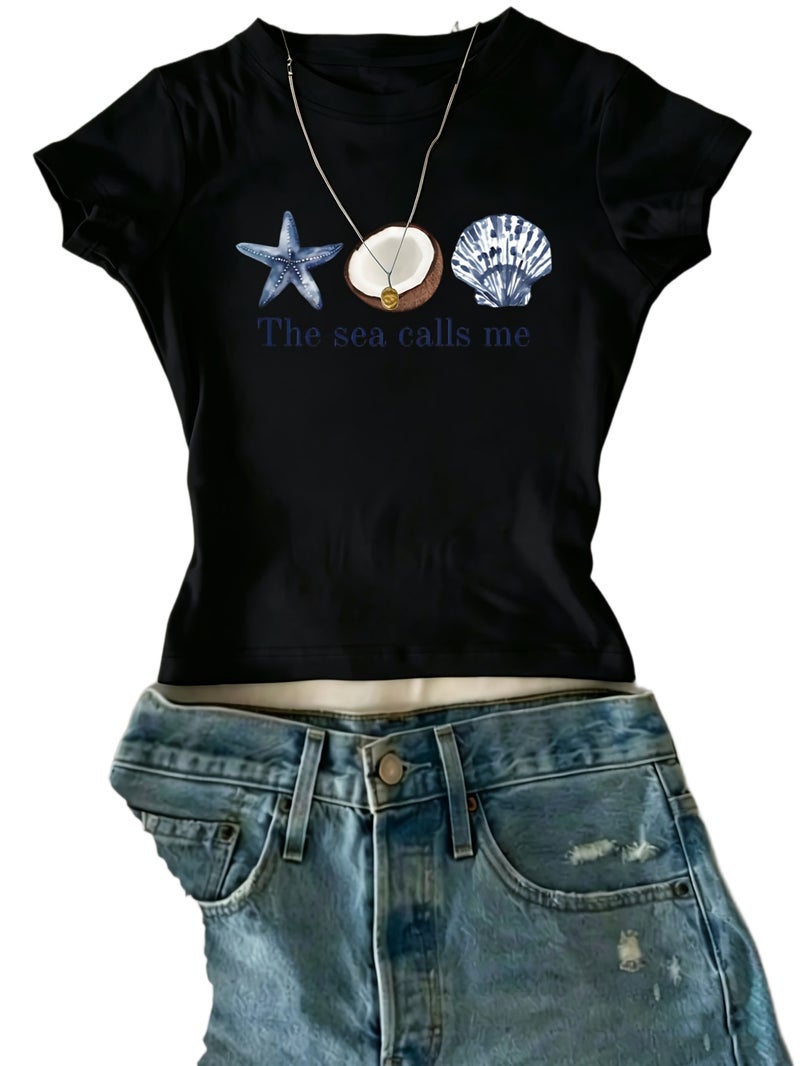 European And American Fashion One - Piece Creative Design Girly Women'S T - Shirt with Starfish, Coconut, And Shell Patterns + The Text \ - Black / XXS - Image 1