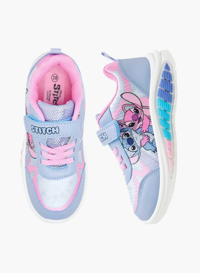 ديزني Girls Angel and Stitch Print Light-Up Sneakers with Hook and Loop Closure