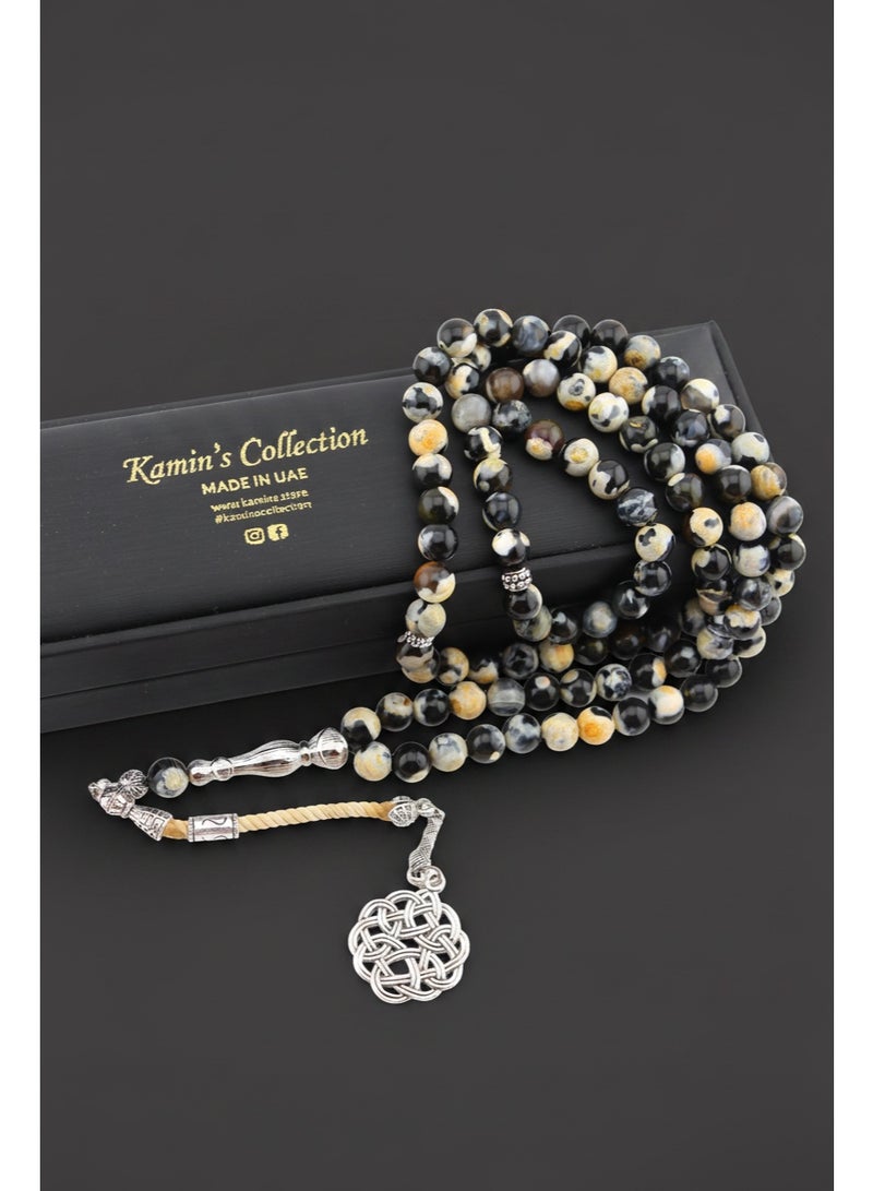Kamins Collection 99-Bead Natural Black & Yellow Agate Tasbih - Image 1
