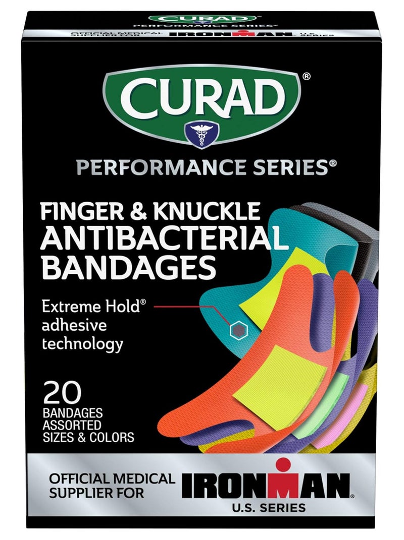 CURAD Performance Series IRONMAN Antibacterial Bandages Extreme Hold Adhesive Technology Finger Knuckle Bandages Flexible Fabric Variety Pack with Assorted Sizes Colors 20 Count - Image 2
