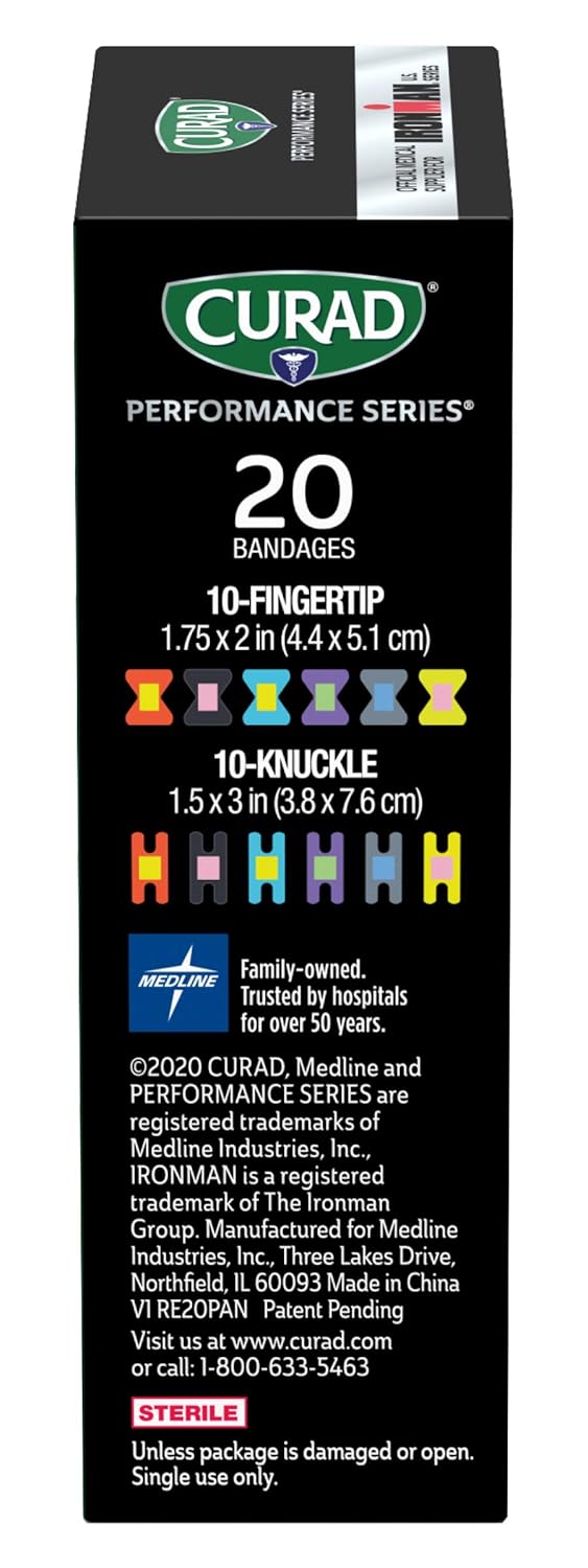 CURAD Performance Series IRONMAN Antibacterial Bandages Extreme Hold Adhesive Technology Finger Knuckle Bandages Flexible Fabric Variety Pack with Assorted Sizes Colors 20 Count - Image 4