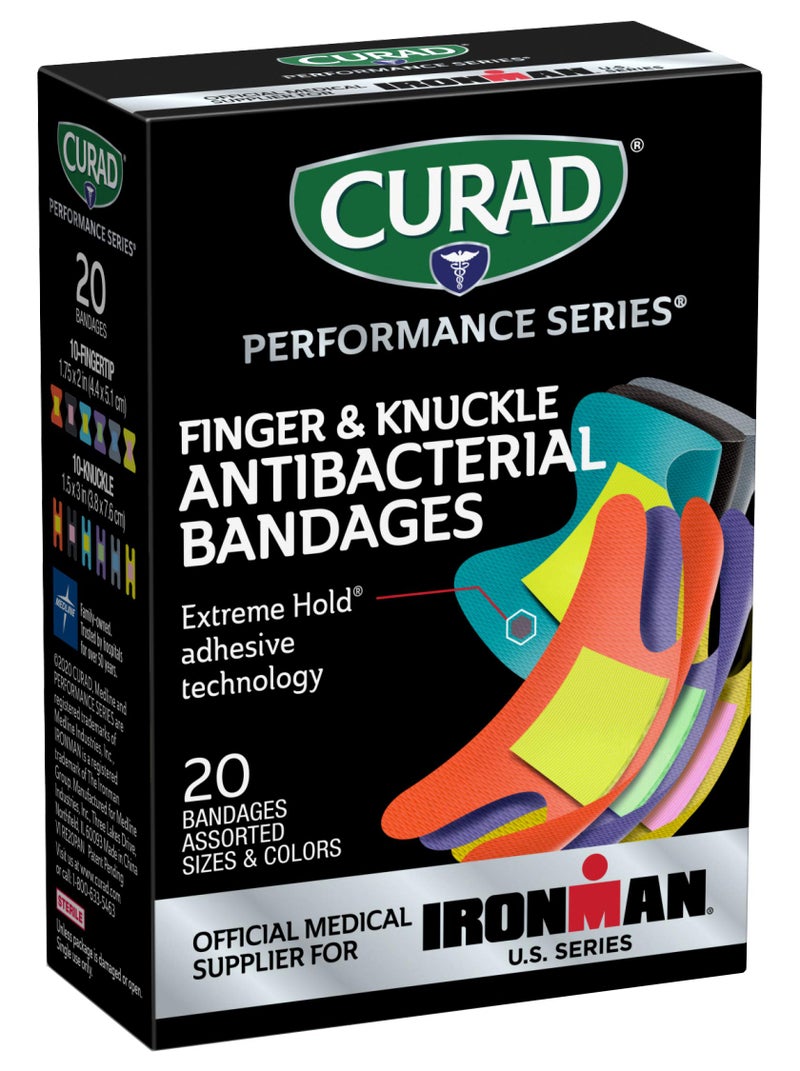 CURAD Performance Series IRONMAN Antibacterial Bandages Extreme Hold Adhesive Technology Finger Knuckle Bandages Flexible Fabric Variety Pack with Assorted Sizes Colors 20 Count - Image 1