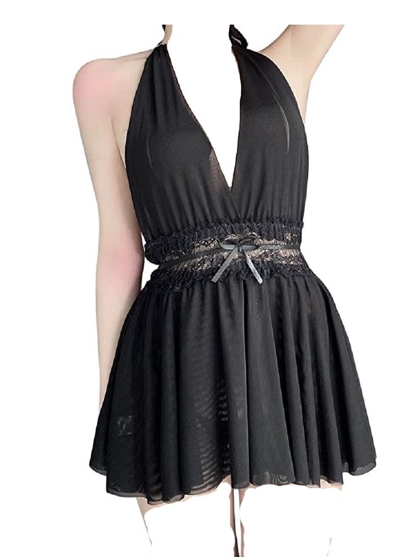 Women Backless Cut Out   Babydoll Lingerie Halter Sleep Dress with Thongs  - Image 1