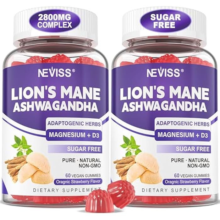 NEVISS Cortisol Calm Gummies for Women Men w/ Lions Mane Mushroom Ashwagandha Saffron & Magnesium Glycinate - Calming Gummies for Adults, Memory Supplements for Focus and Energy, Sugar Free, Vegan, 120ct - Image 1