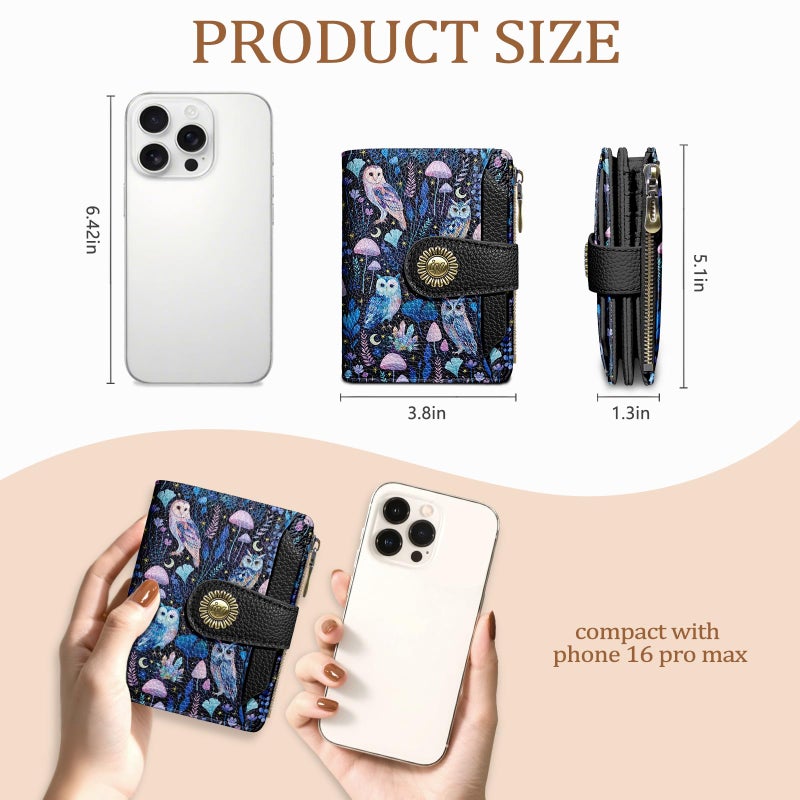 Icycay Owl Small Wallet Women RFID Blocking Bifold, Credit Card Holder, Zipper Coin Pocket, PU Leather, Magic, Compact, Travel, 4 ID Window, 14 Card Slots, Cash Purse, Ladies Woman Female Girls - Image 4