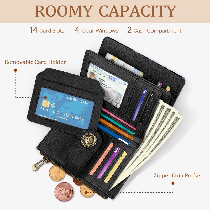 Icycay Owl Small Wallet Women RFID Blocking Bifold, Credit Card Holder, Zipper Coin Pocket, PU Leather, Magic, Compact, Travel, 4 ID Window, 14 Card Slots, Cash Purse, Ladies Woman Female Girls - Image 2