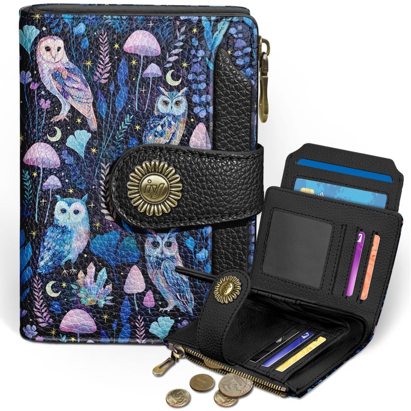 Icycay Owl Small Wallet Women RFID Blocking Bifold, Credit Card Holder, Zipper Coin Pocket, PU Leather, Magic, Compact, Travel, 4 ID Window, 14 Card Slots, Cash Purse, Ladies Woman Female Girls - Image 1