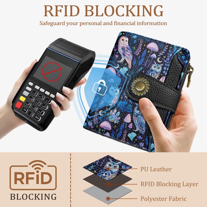 Icycay Owl Small Wallet Women RFID Blocking Bifold, Credit Card Holder, Zipper Coin Pocket, PU Leather, Magic, Compact, Travel, 4 ID Window, 14 Card Slots, Cash Purse, Ladies Woman Female Girls - Image 3