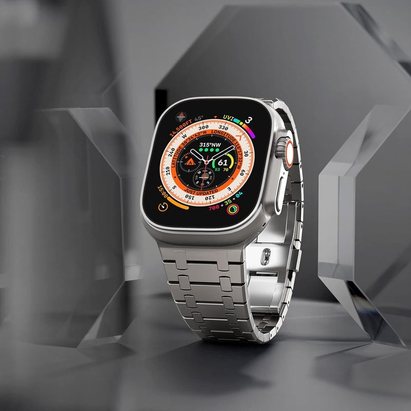 سوار من الفولاذ المقاوم للصدأ من CHANCHY لساعة Apple Watch Ultra بمقاسات 49 مم و45 مم و44 مم و42 مم و38 مم و40 مم و41 مم، حزام معدني مع مشبك قابل للطي لساعة Apple Watch Series 8 و7 و6 و5 و4 و3 و2 و1 للرجال (أسود، 49 مم و45 مم و44 مم و42 مم) - Image 3