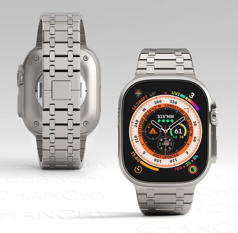 سوار من الفولاذ المقاوم للصدأ من CHANCHY لساعة Apple Watch Ultra بمقاسات 49 مم و45 مم و44 مم و42 مم و38 مم و40 مم و41 مم، حزام معدني مع مشبك قابل للطي لساعة Apple Watch Series 8 و7 و6 و5 و4 و3 و2 و1 للرجال (أسود، 49 مم و45 مم و44 مم و42 مم) - Image 5
