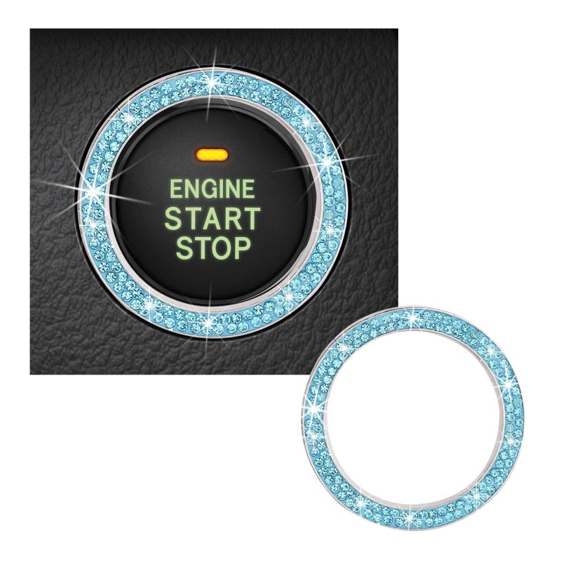 Kewucn Bling Crystal Double Rhinestone Car Engine Start Decoration Ring Sparkling Push Start Button Sticker Key Ignition Knob Ring Decoration Bling Car Interior Accessory Lake Blue - Image 3