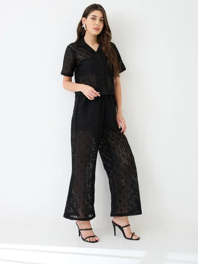 globus Women Black Notched Lapel Short Sleeves Crochet Shirt & Wide Leg Trousers Co-Ord Set