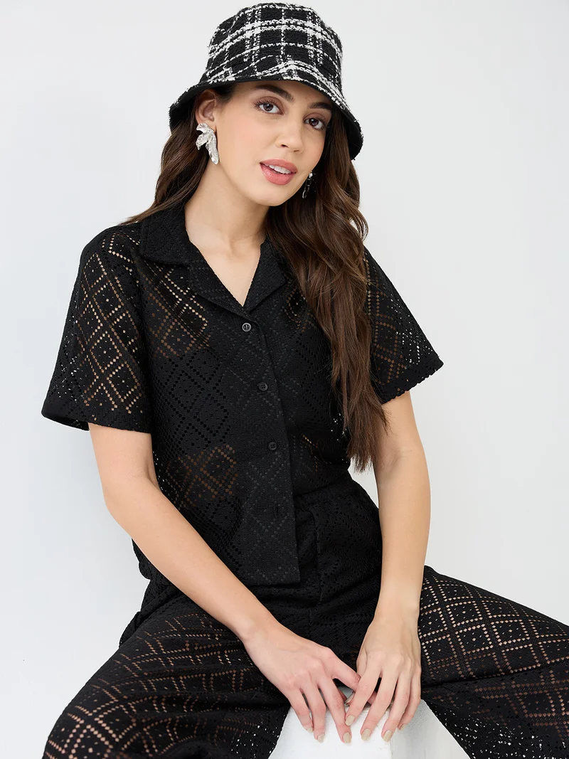 globus Women Black Notched Lapel Short Sleeves Crochet Shirt & Wide Leg Trousers Co-Ord Set