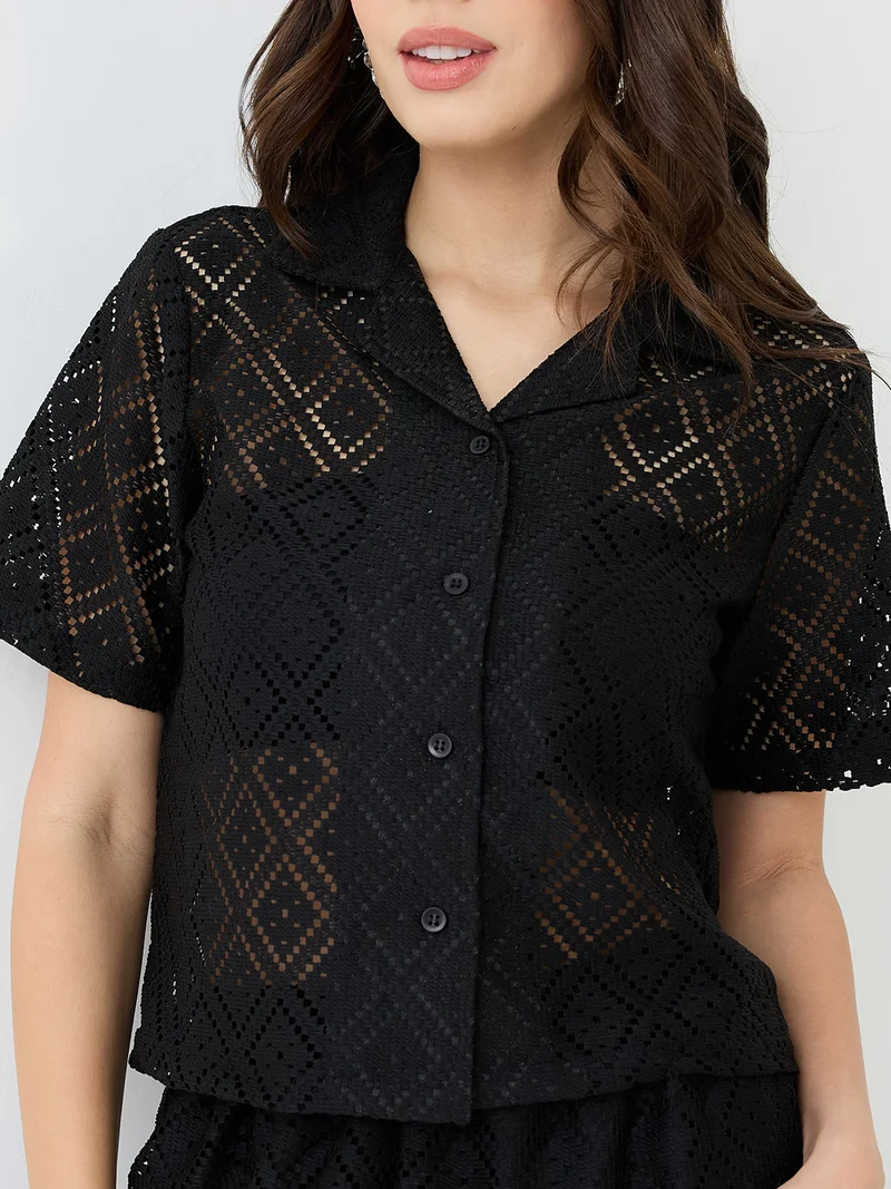 globus Women Black Notched Lapel Short Sleeves Crochet Shirt & Wide Leg Trousers Co-Ord Set