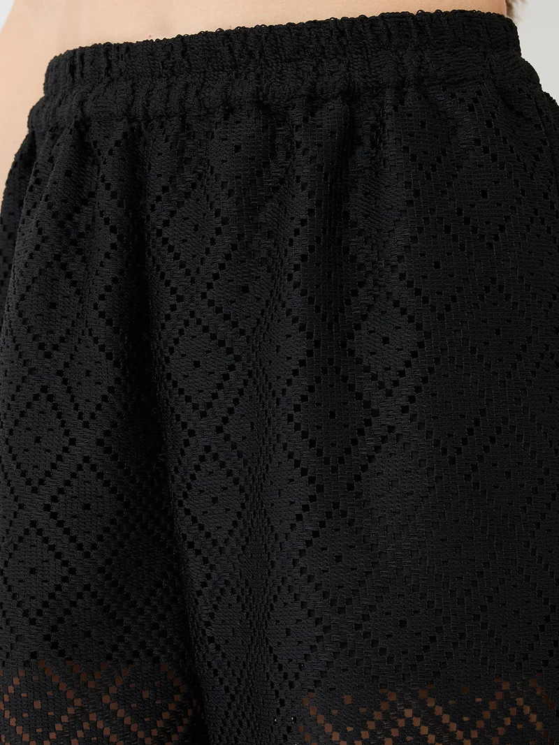 globus Women Black Notched Lapel Short Sleeves Crochet Shirt & Wide Leg Trousers Co-Ord Set