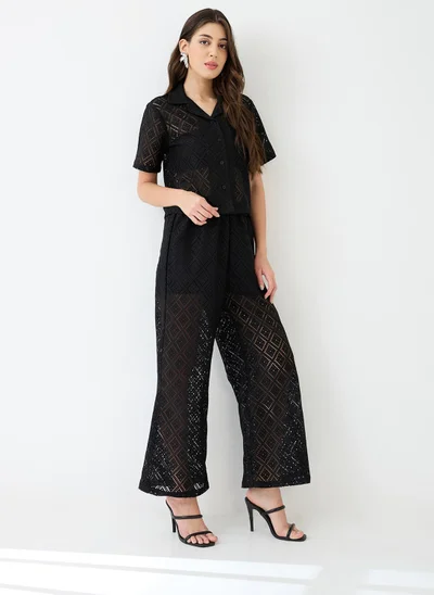 globus Globus Women Black Notched Lapel Short Sleeves Crochet Shirt & Wide Leg Trousers Co-Ord Set