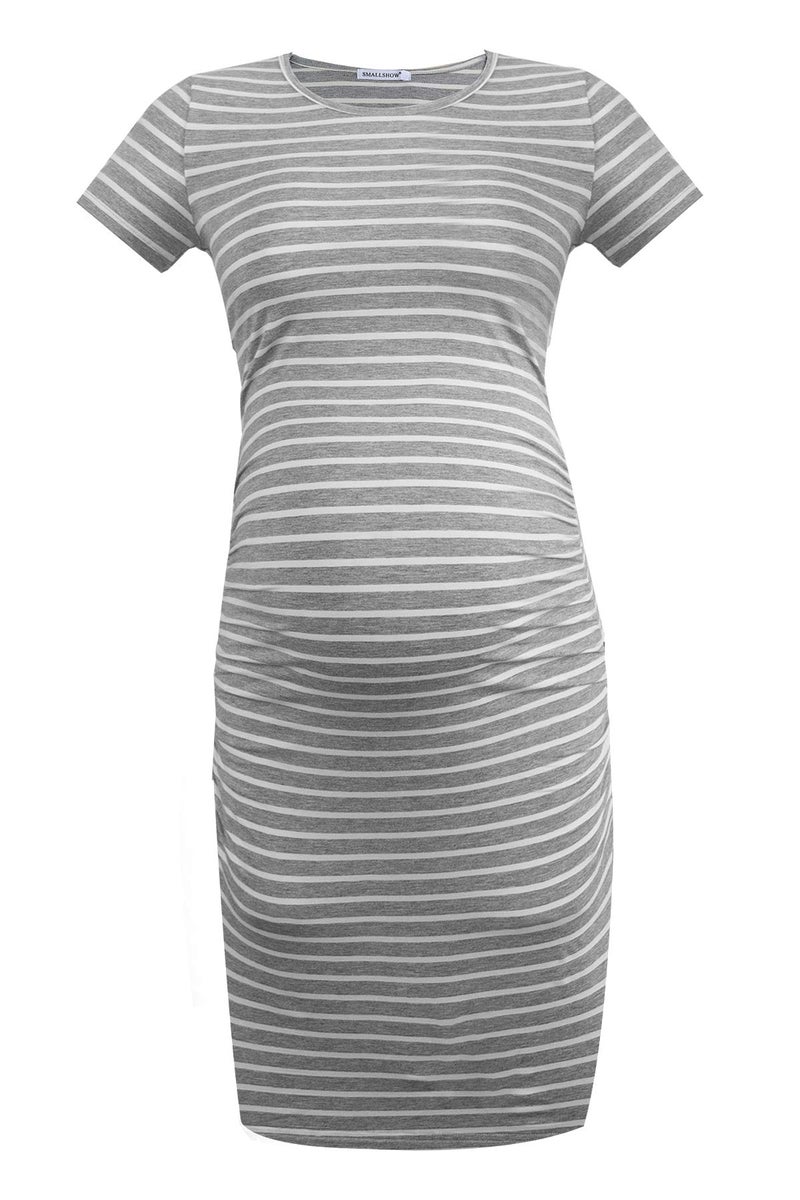 Smallshow Women's Short Sleeve Maternity Dress Ruched Pregnancy Clothes Medium Light Grey Stripe - Image 2