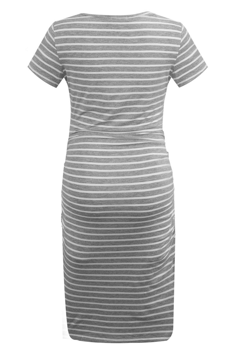 Smallshow Women's Short Sleeve Maternity Dress Ruched Pregnancy Clothes Medium Light Grey Stripe - Image 3