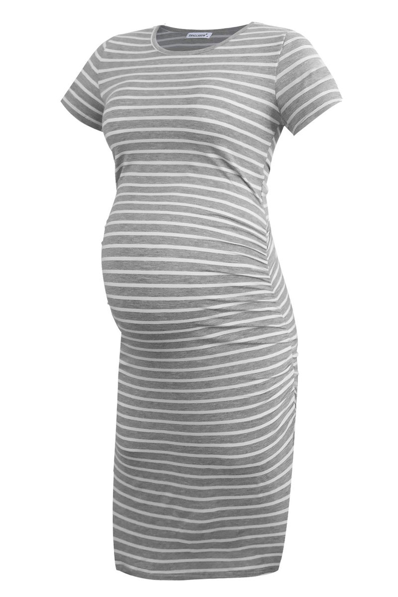 Smallshow Women's Short Sleeve Maternity Dress Ruched Pregnancy Clothes Medium Light Grey Stripe - Image 1